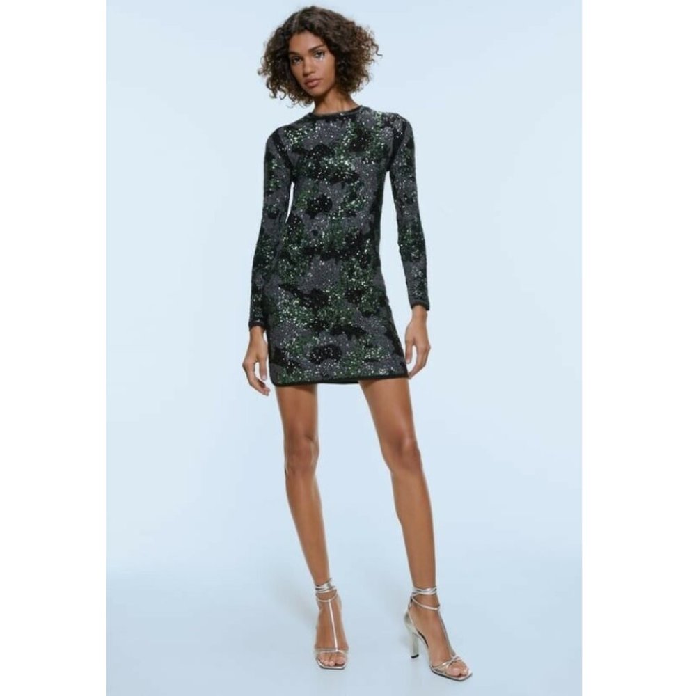 Zara Sequin Camouflage Dress Long Sleeve Knit Dress Green Color Size L NWT.